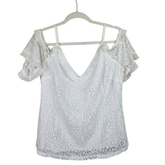 White House Black Market White Lace Ruffle Cold Shoulder‎ Top Size M - Picture 6 of 12